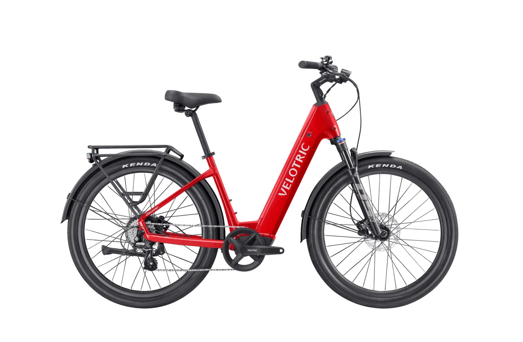 A Velotric Discover 2 electric bike in a side view, featuring a step-through frame, integrated battery, front suspension fork, and rear cargo rack, displayed against a plain background.