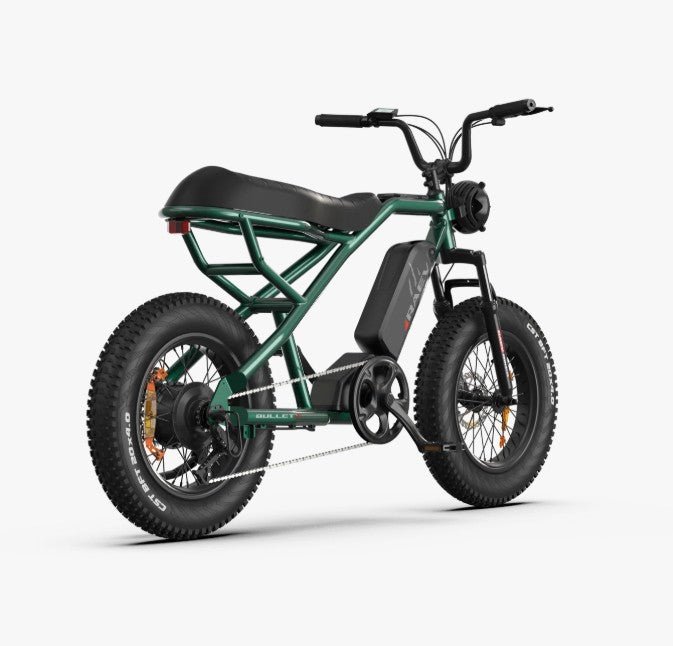 Side view of the eMOTO RAEV Bullet X Emoto eBike, a 750W electric bike, showcasing its sleek black frame, thick tires, and modern design features.