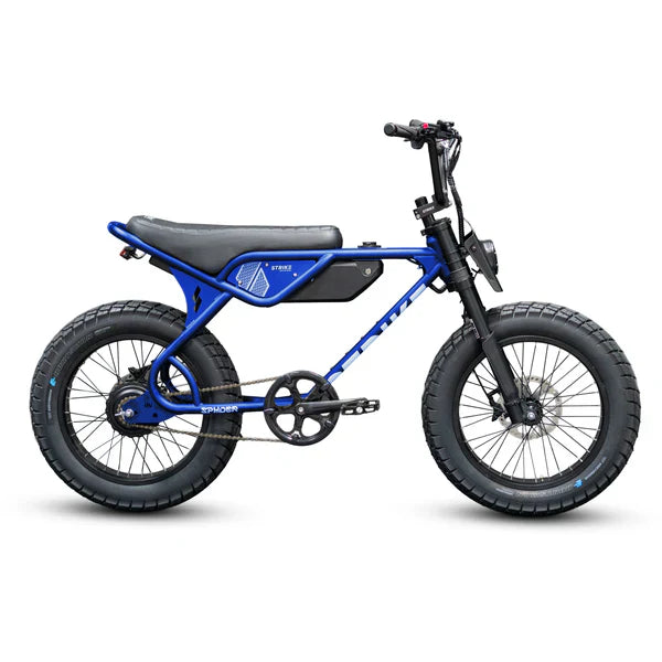 Side view of the eMOTO eBike Strike Spyder in black and red, showcasing its sturdy frame, thick tires, and modern design against a plain background.