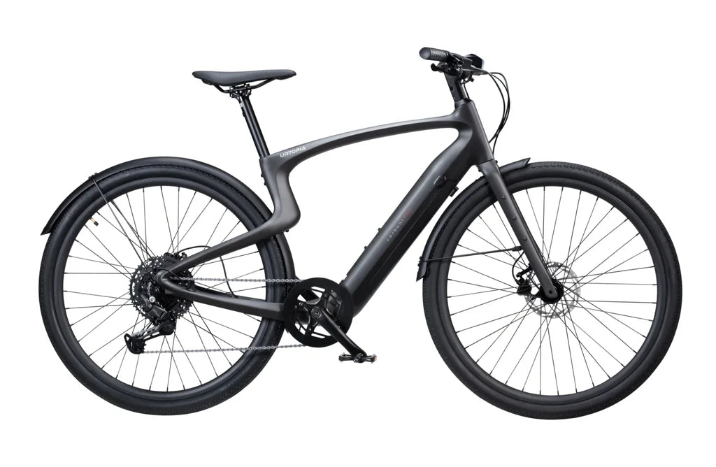 Matte black Urtopia Carbon 1 Pro eBike side view, showcasing sleek carbon fiber frame and modern design.