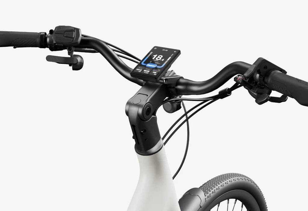 Side view of the Urtopia Carbon Classic Step Thru eBike in creme color, showcasing its lightweight carbon frame, step-through design, and sleek modern styling against a plain background.