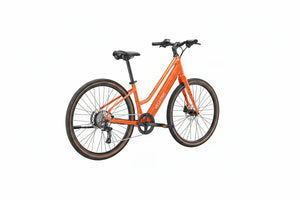 Velotric Tempo eBike in Sunset Tangerine color, mid-step frame, side view, product image