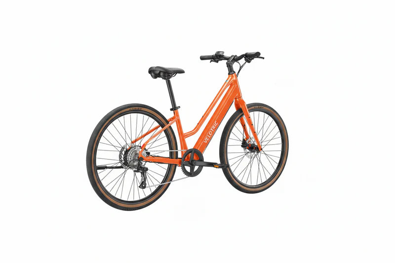 Velotric Tempo eBike in Sunset Tangerine color, mid-step frame, side view, product image
