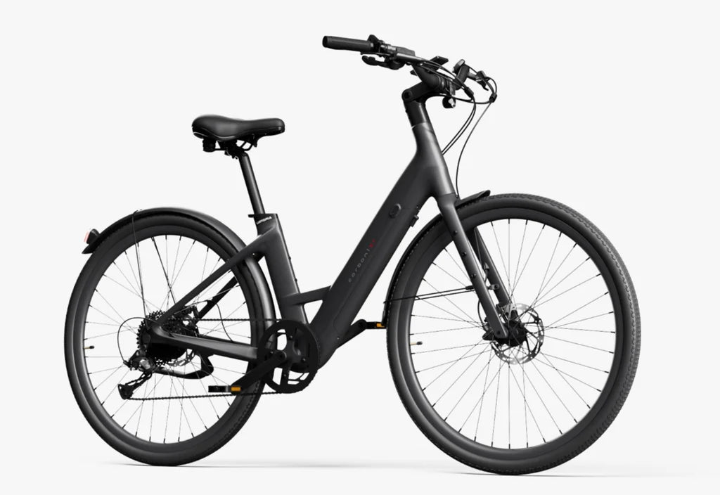 Side view of the Urtopia Carbon Classic Step Thru eBike in matte black, showcasing its lightweight carbon frame, step-through design, and sleek modern styling against a plain background.