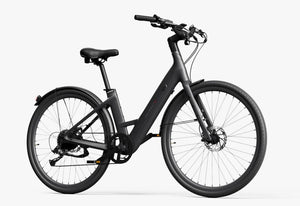 Side view of the Urtopia Carbon Classic Step Thru eBike in matte black, showcasing its lightweight carbon frame, step-through design, and sleek modern styling against a plain background.