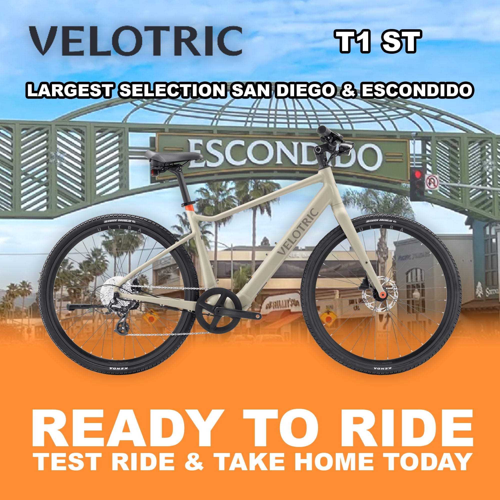 Velotric T1 ST eBike in sand color, side view, ready to ride, against a plain background