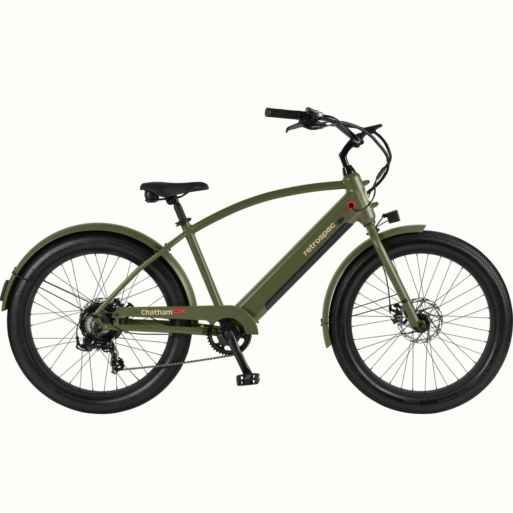 Matte olive drab Retrospec Chatham Rev Plus 2 eBike, step-over frame, side view on white background