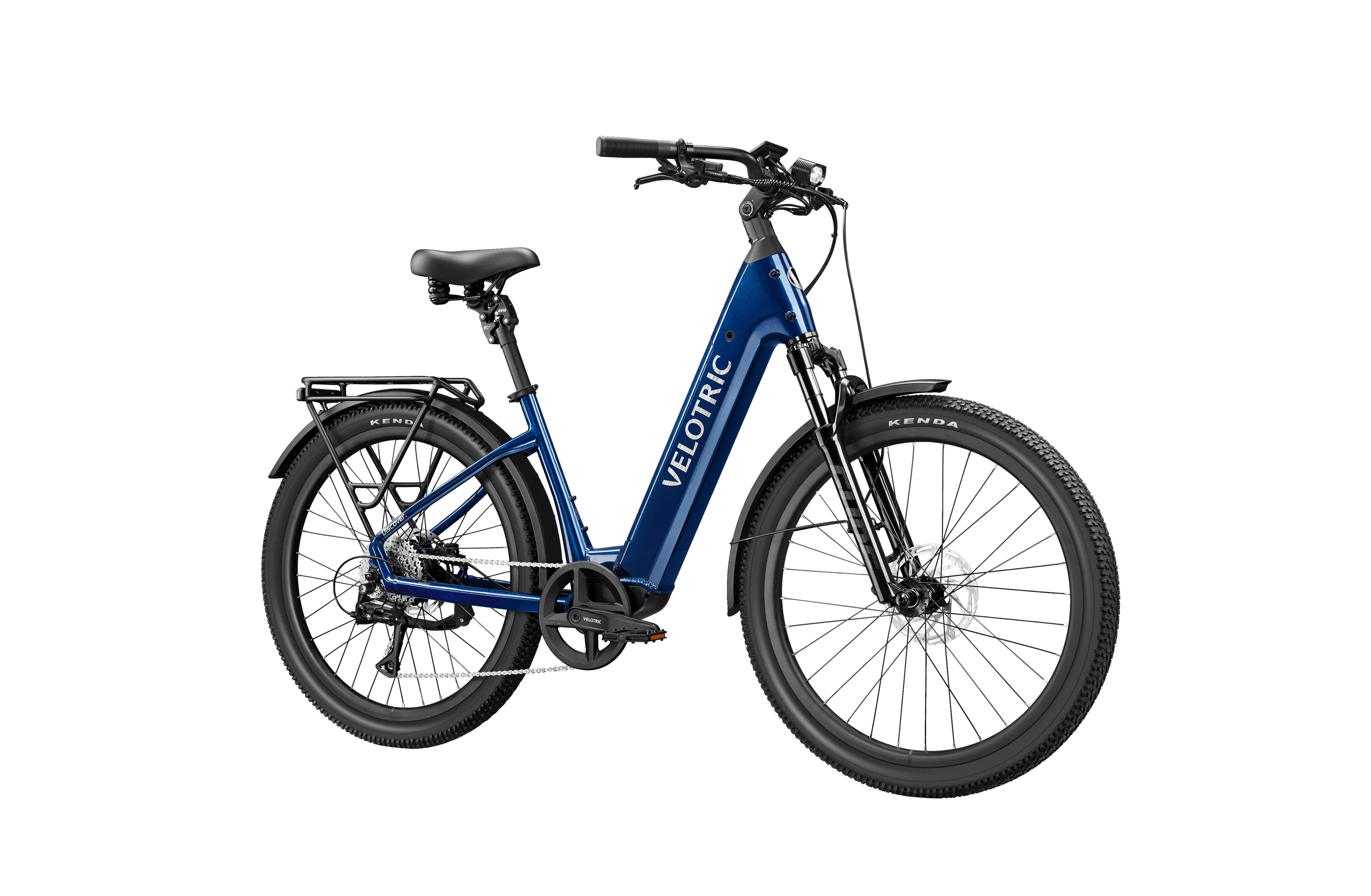 Side view of the Velotric Discover 3 eBike in white, showcasing its step-through frame, rear rack, and integrated battery.