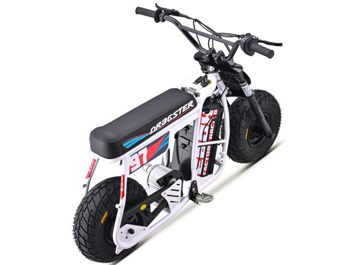 White eMOTO EBOX Dragster electric dirt bike, side view, on a plain background
