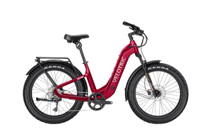 Velotric Nomad 2 electric bike in cranberry red, side view, against a white background