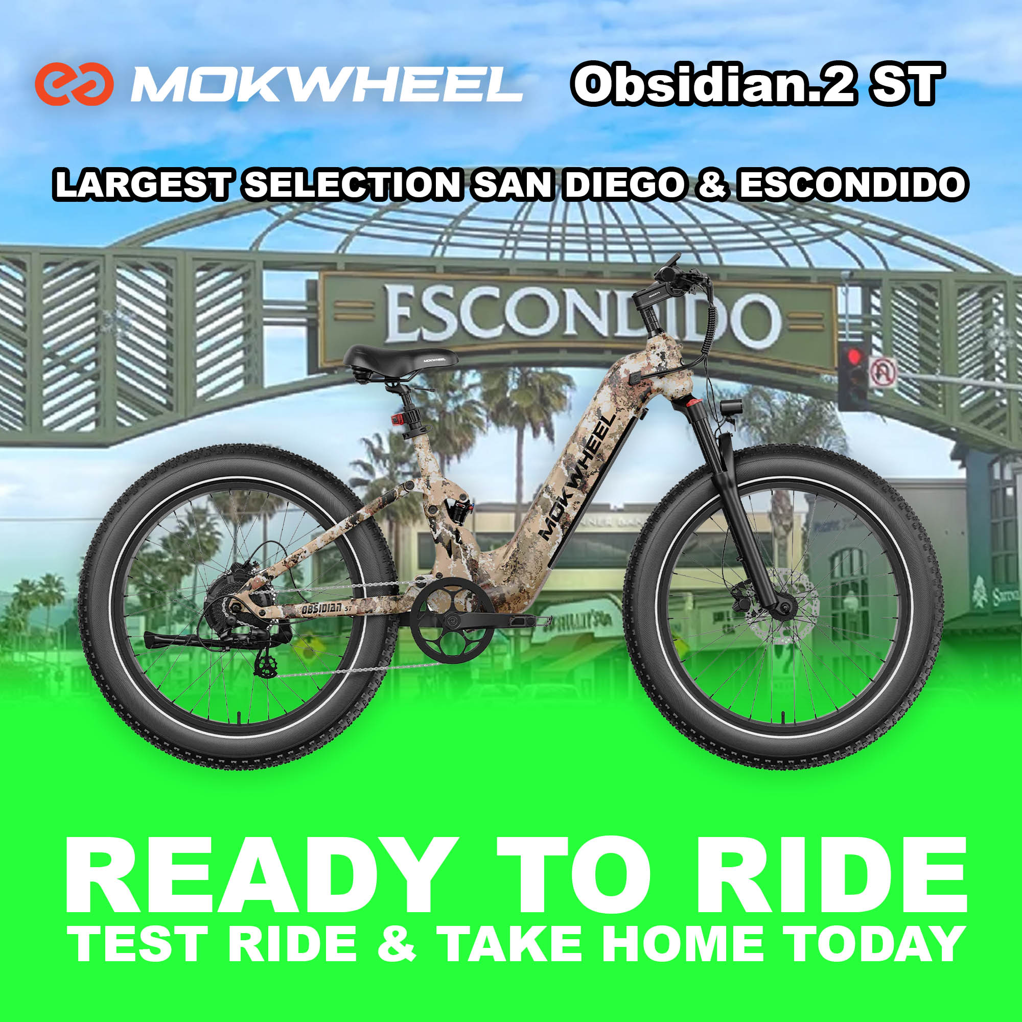 Mokwheel Obsidian ST 2.0 eBike in Desert Camo color, side view, ready to ride, product image
