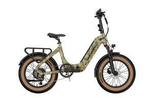 Camo-colored MOKWHEEL Slate 500W Step-Thru folding electric bike with 20x3 road tires, shown from the side.