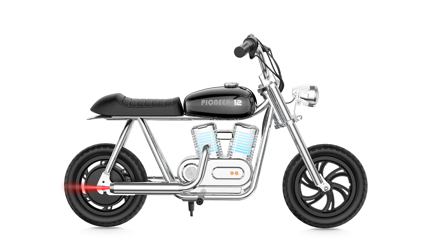 Black eMOTO Hyper Gogo Pioneer 12 Plus electric bike without training wheels, shown in side view, app-compatible model