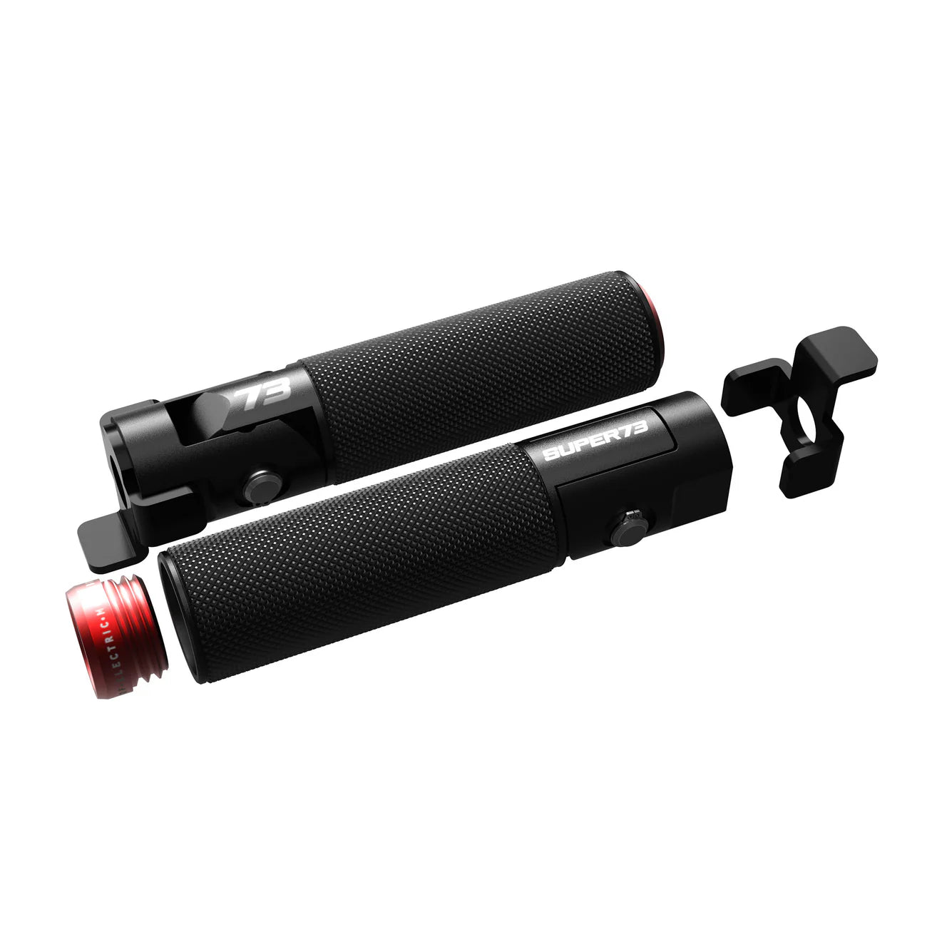 Red Super73 eBike foot pegs, product image showing a pair of red metal foot pegs designed for Super73 electric bikes.
