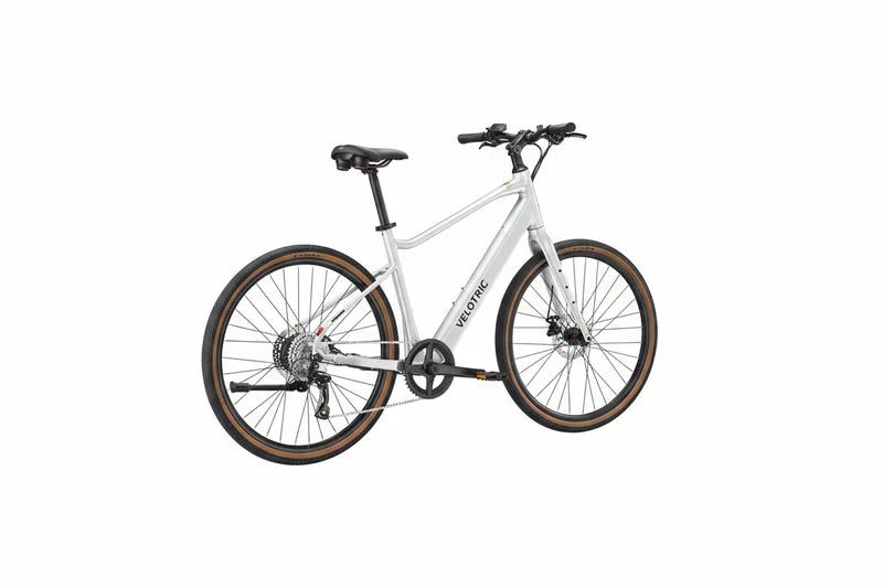 Velotric Tempo High Step eBike in Lightening Silver, side view, studio background