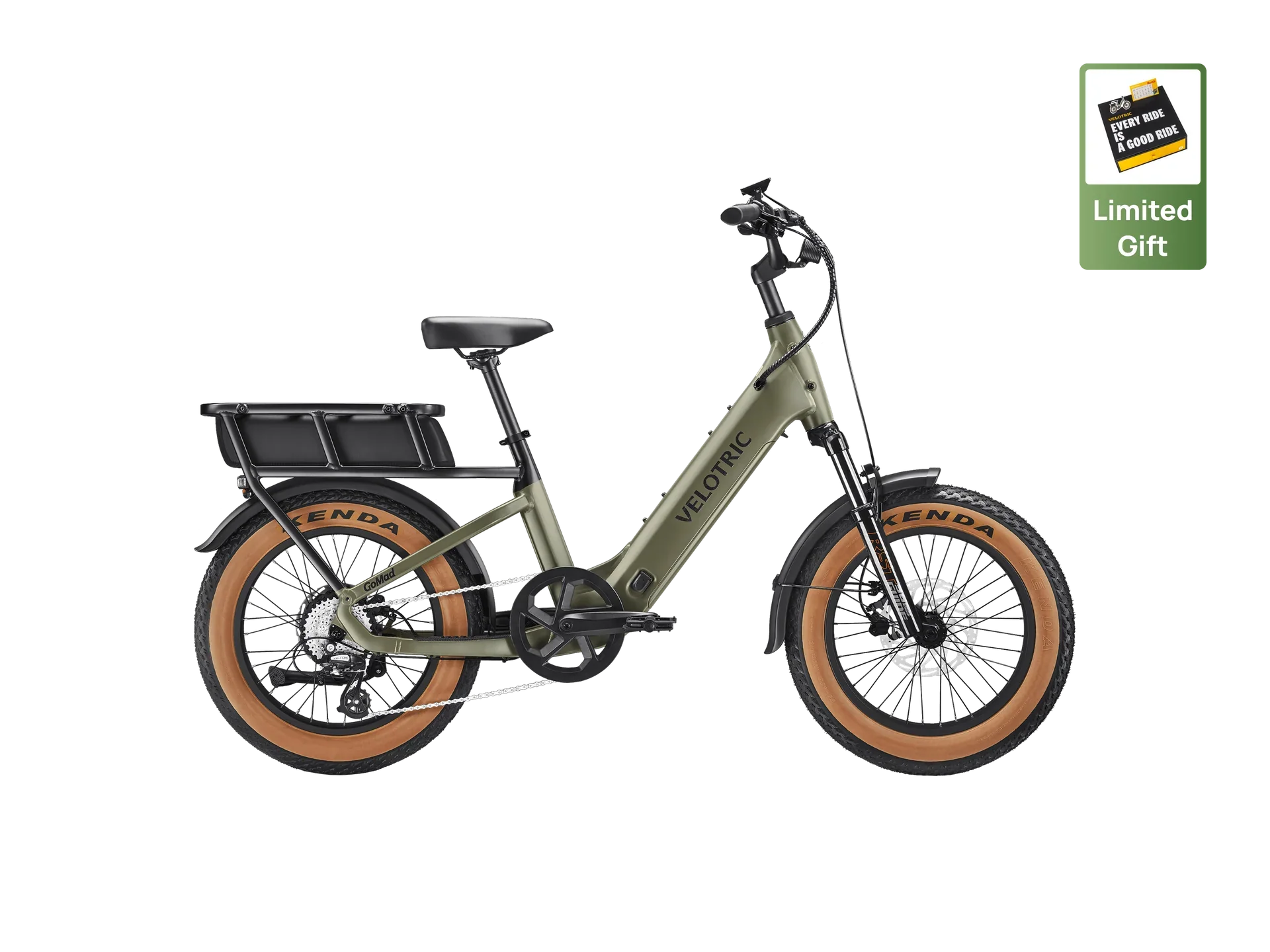 Velotric GoMad eBike in Sage color, side view, showing step-through frame, wide tires, and rear cargo rack.