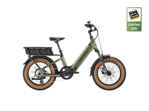 Velotric GoMad eBike in Sage color, side view, showing step-through frame, wide tires, and rear cargo rack.