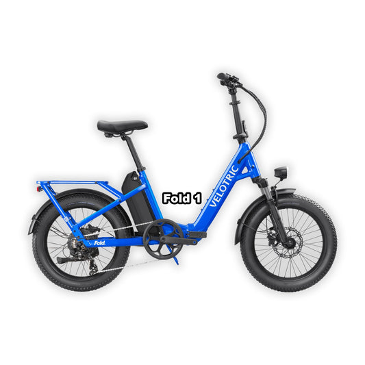 Electric blue Velotric Fold 1 eBike folded and packed inside its box, product image.