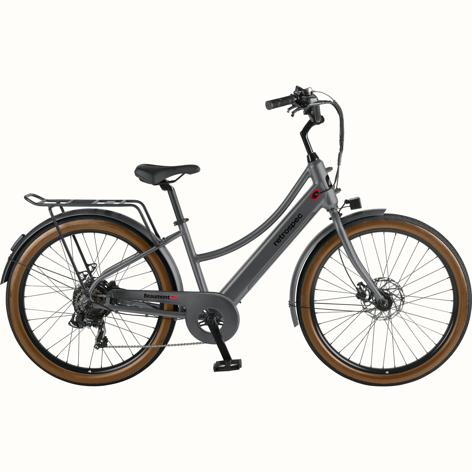 Retrospec Beaumont Rev 3 Plus electric bike in matte graphite, side view, against a white background