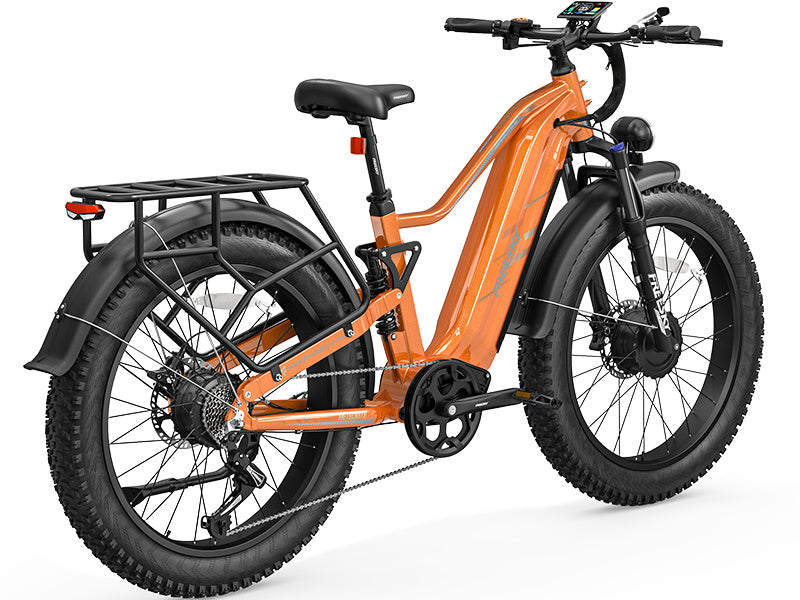 Freesky Eurostar Turbo M-410 electric scooter in orange, side view, showing wheels, handlebars, and frame design