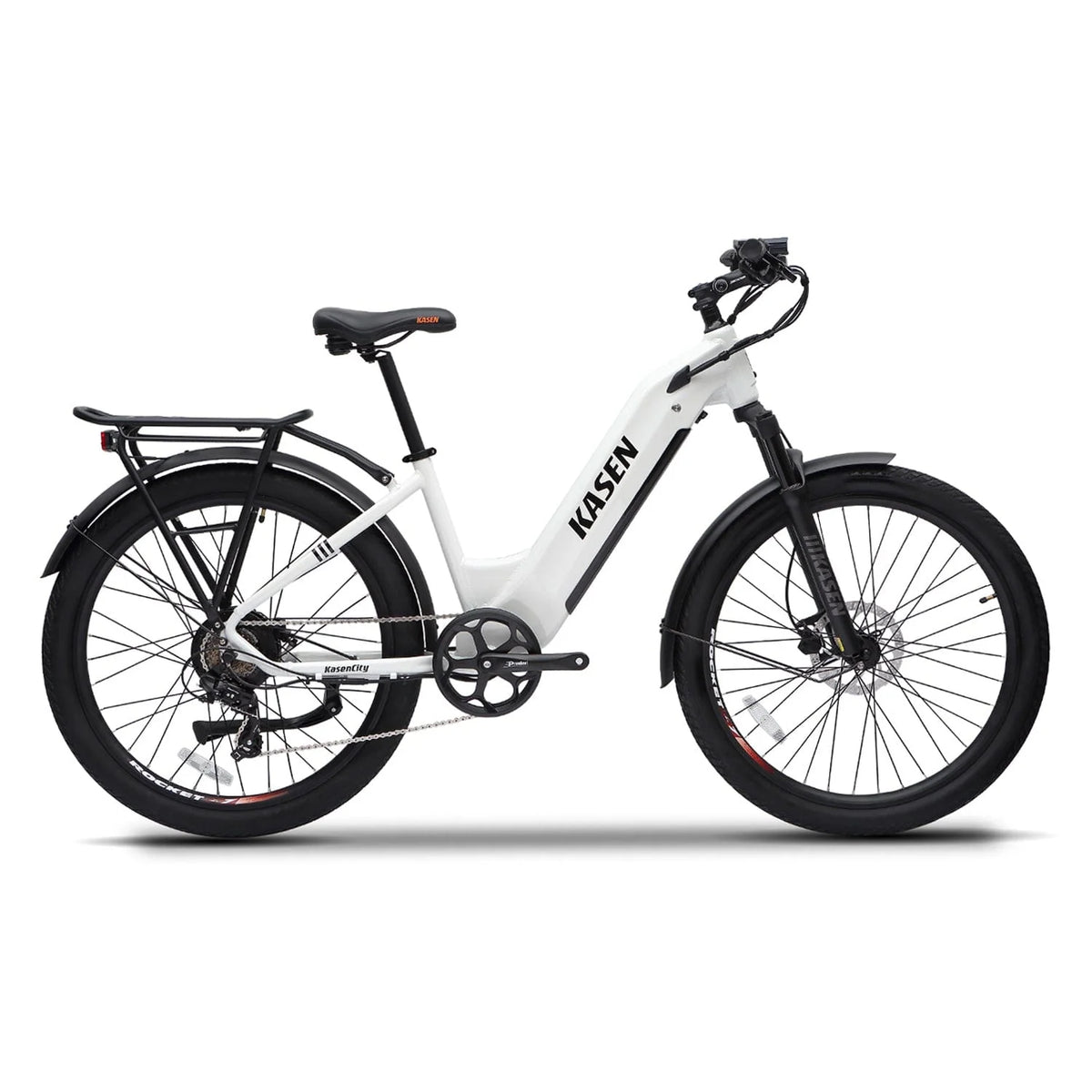 White KASEN City 2.0 750W Step-Thru Urban Electric Bike with 27.5x2.4 tires, side view