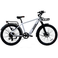 White KASEN Cross 500W Step Over Urban Electric Bike with 27.5x2.4 tires, parked on a city street.