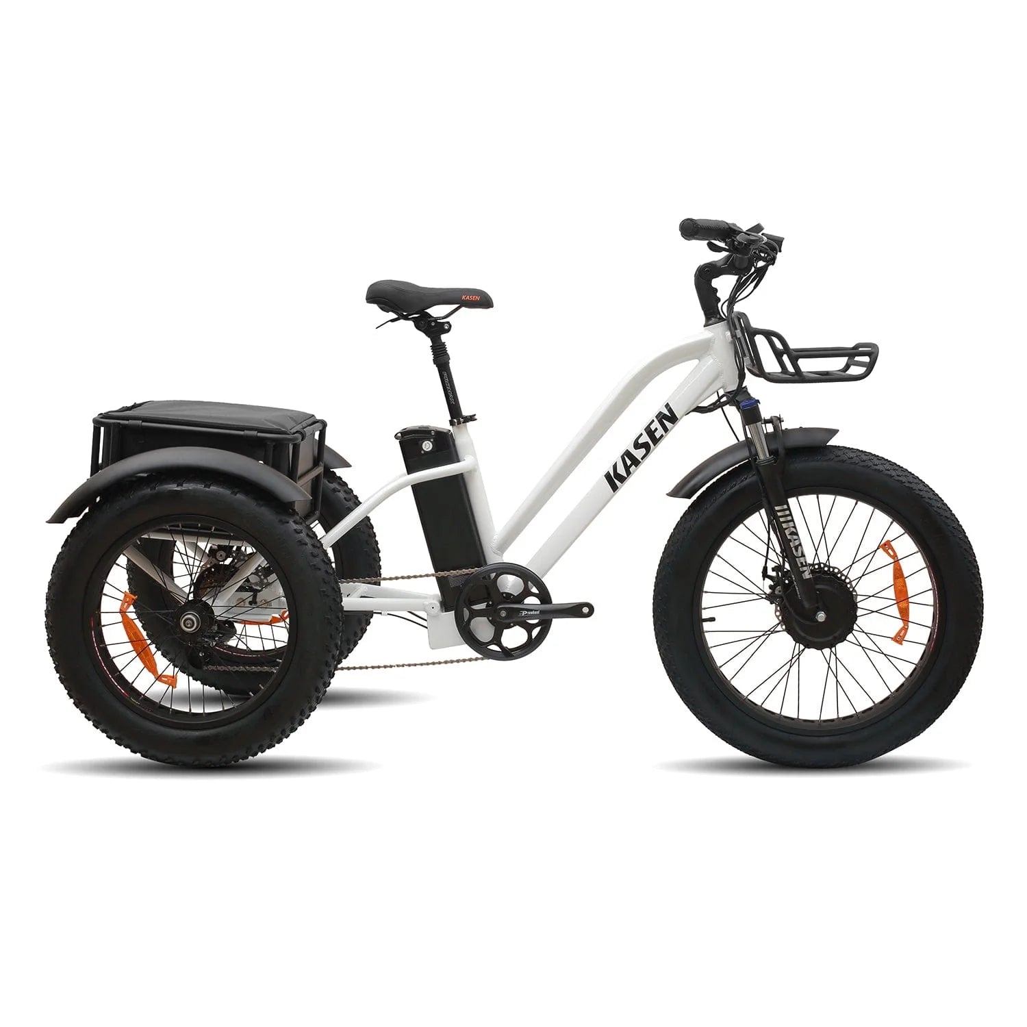 White KASEN Trike 500W electric trike with 20x4 fat tires, three wheels, and step-through frame