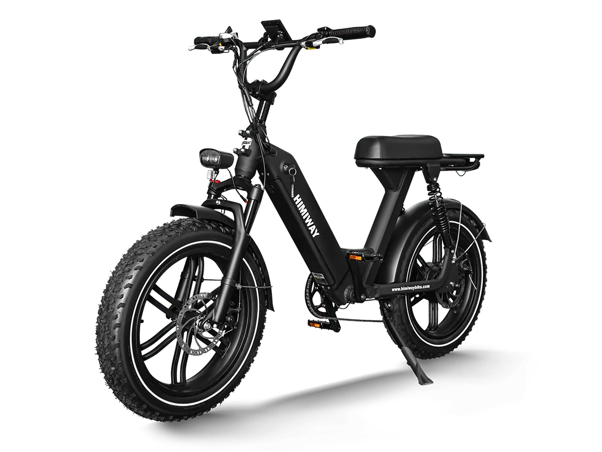 Side view of the Himiway Escape Pro eBike parked outdoors, showcasing its sturdy frame, fat tires, and rear cargo rack.