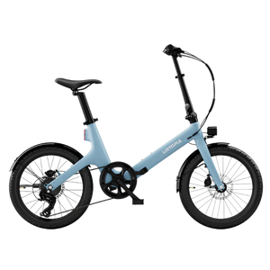 Urtopia Carbon Fold Step Thru eBike in Glacier Blue, side view, folded position, against a plain background