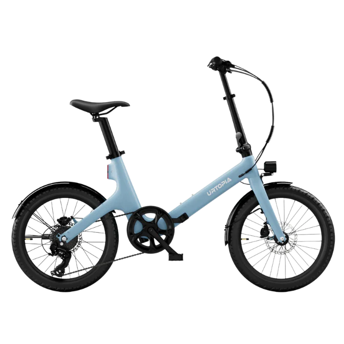 Urtopia Carbon Fold Step Thru eBike in Glacier Blue, side view, folded position, against a plain background
