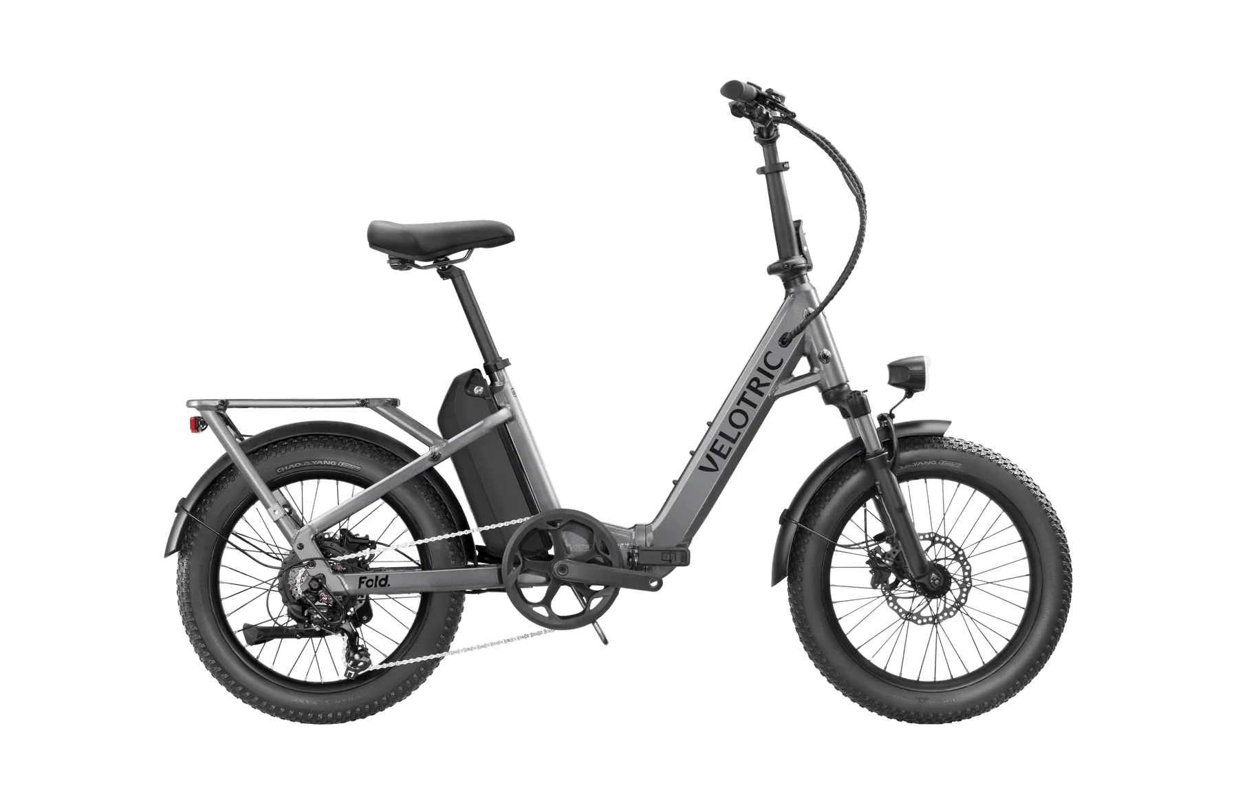 Velotric Fold 1 eBike in Stone Gray, side view, folded, product image