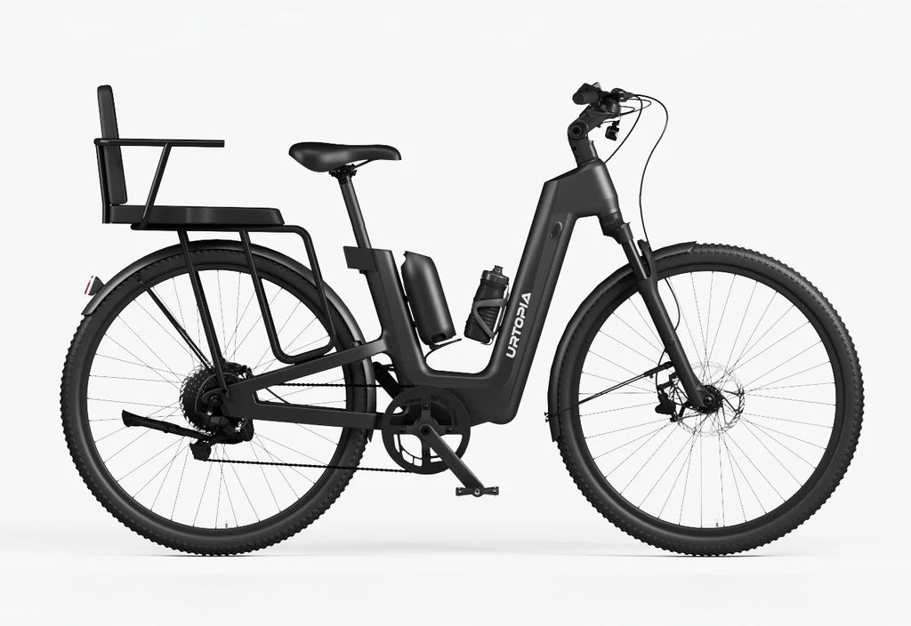Side view of the Urtopia Carbon Fusion Pro eBike in Blazing Black, showcasing its sleek carbon frame, integrated battery, and modern design against a plain background.