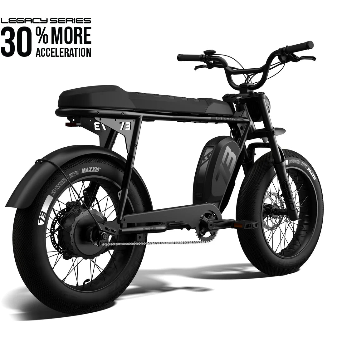 Side view of the Super73 S2 SE electric bike in black, showcasing its thick tires, elongated seat, and minimalist frame design against a plain background.