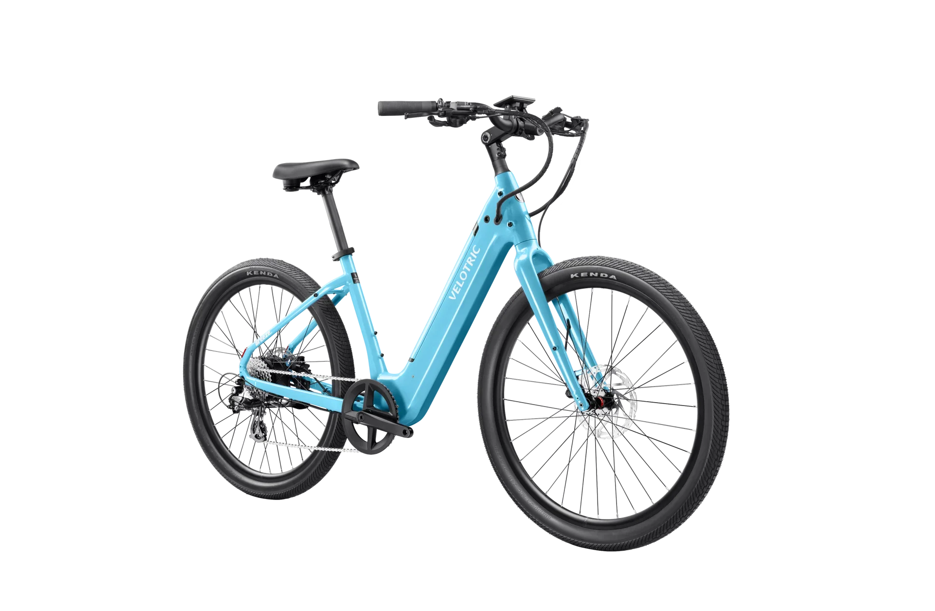 Side view of the Velotric Breeze 1 eBike in a studio setting, showcasing its step-through frame, rear cargo rack, and front suspension fork.