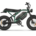Metallic green eMOTO RAEV Bullet GTX electric bike with 1500W motor, dual suspension, and moto-style design, side view