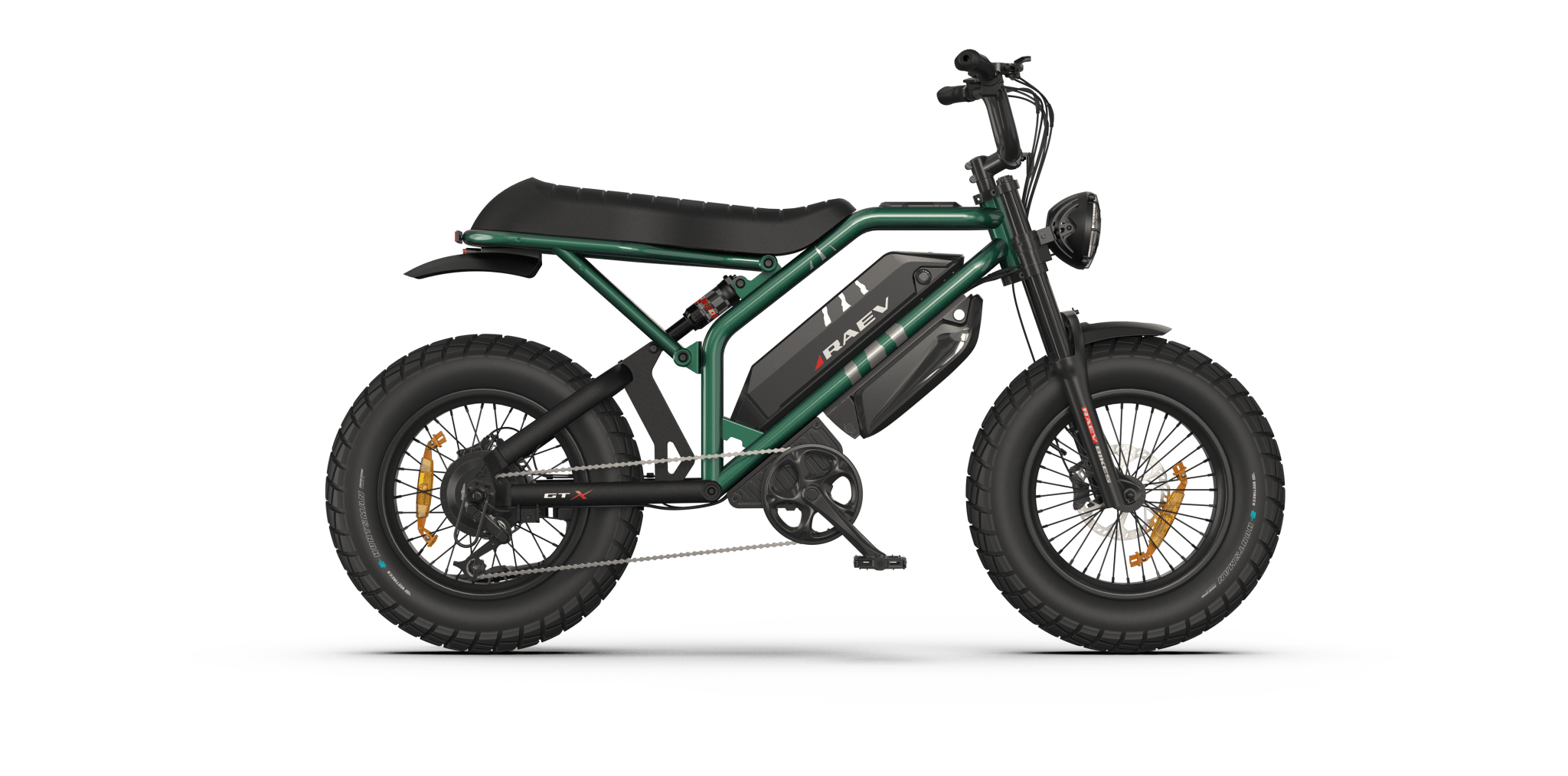 Metallic green eMOTO RAEV Bullet GTX electric bike with 1500W motor, dual suspension, and moto-style design, side view