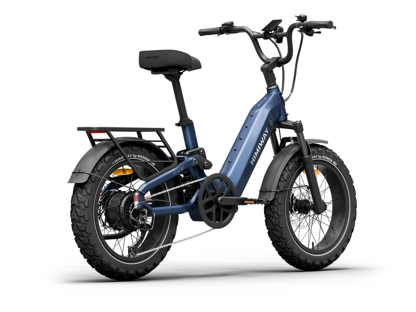 Side view of the Himiway D5 2.0 eBike in Midnight Blue, featuring 20-inch wheels, a sturdy frame, and a rear cargo rack.