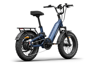 Side view of the Himiway D5 2.0 eBike in Midnight Blue, featuring 20-inch wheels, a sturdy frame, and a rear cargo rack.