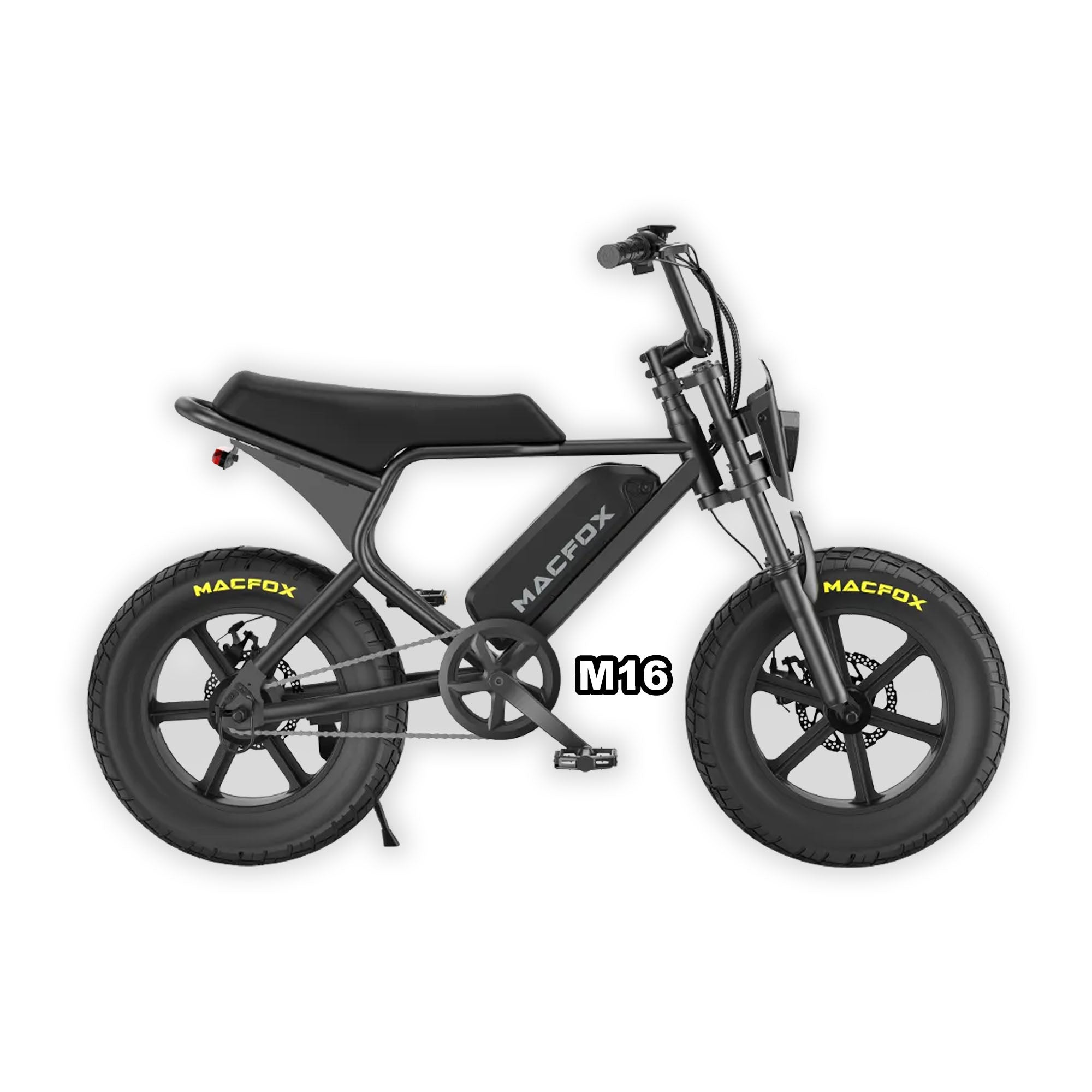 Black Macfox M16 X7 Mini eBike in box, product image showing the bike packaged in its original packaging.