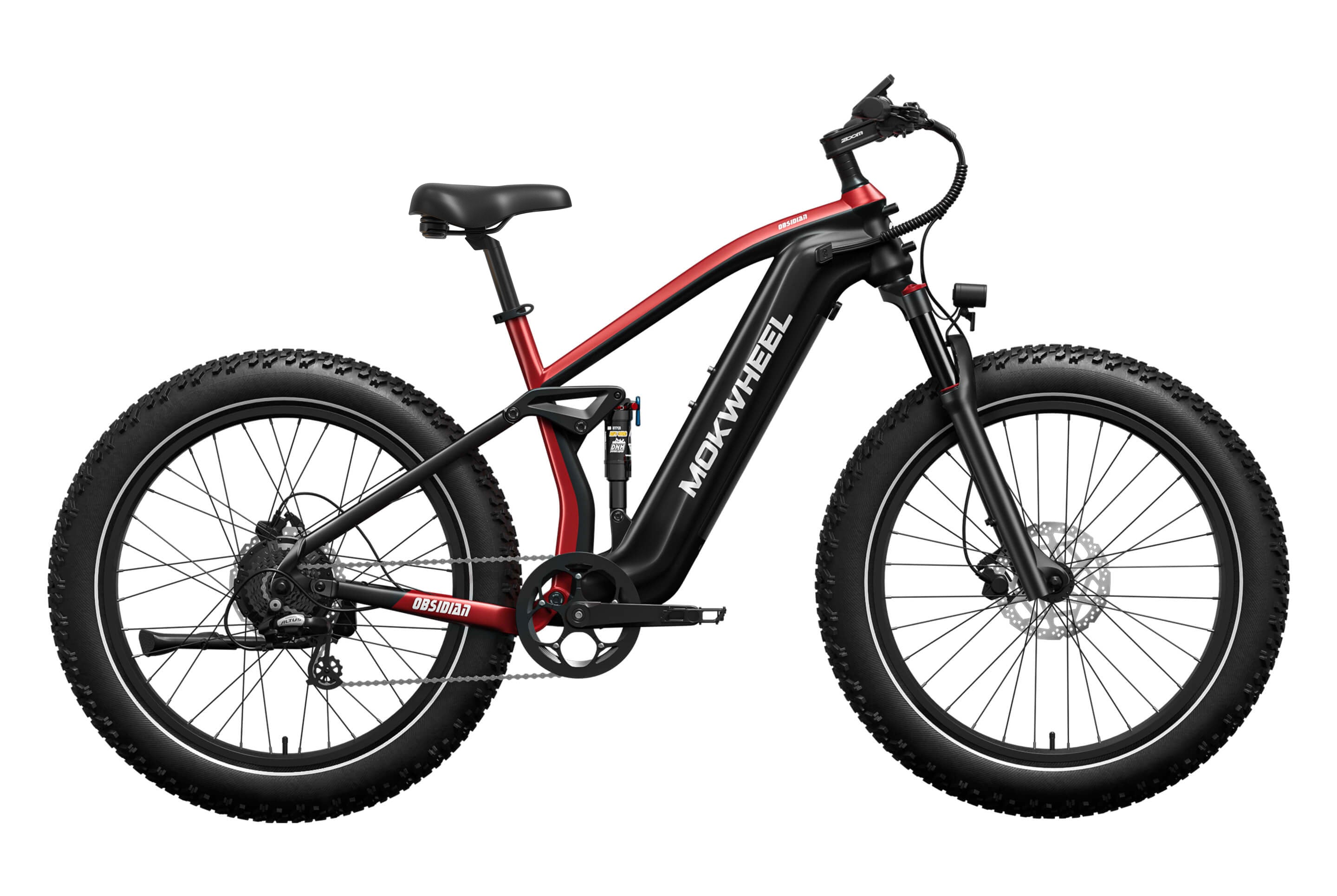 Black and red Mokwheel Obsidian eBike side view against a white background