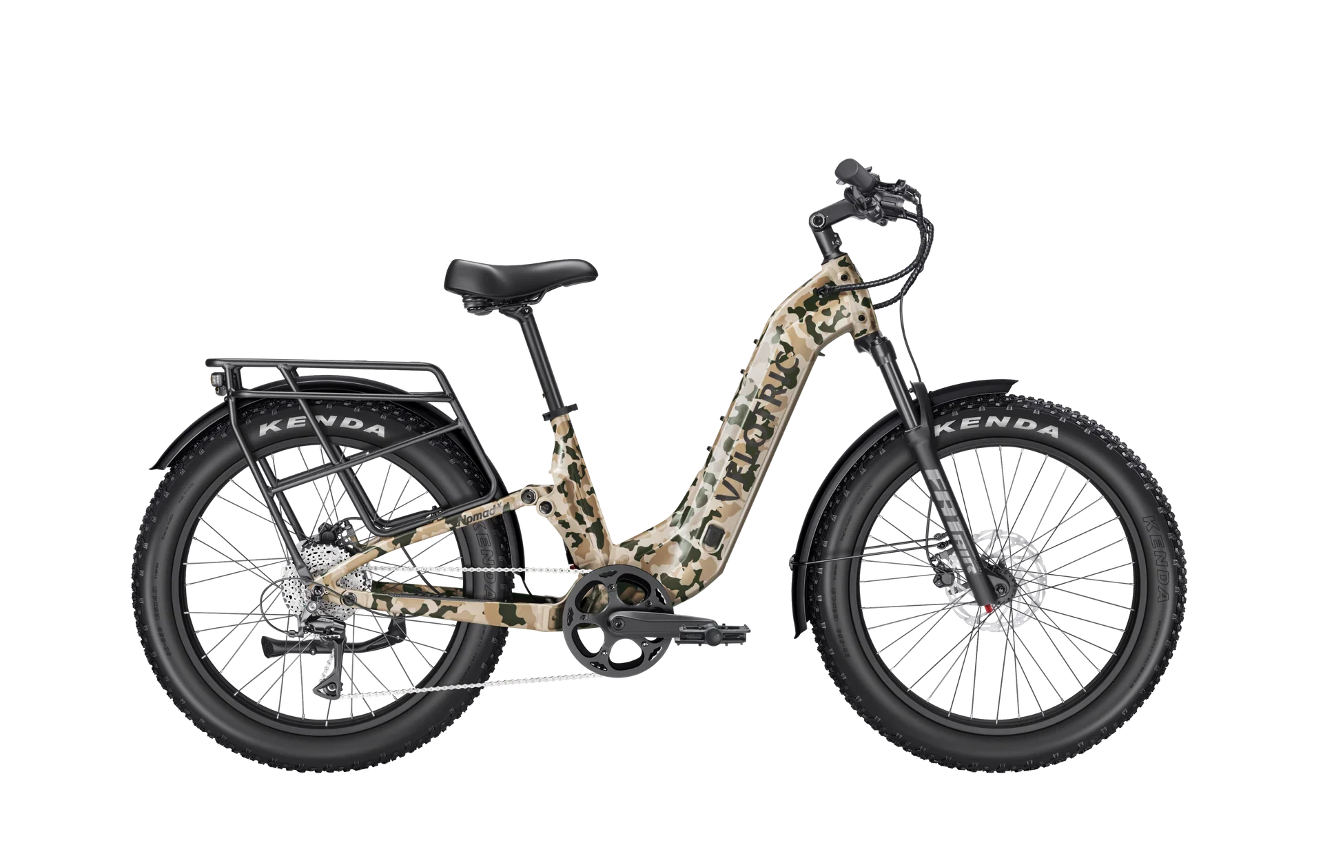 Velotric Nomad 2X eBike in multi-terrain camo color, step-thru frame, displayed on a white background