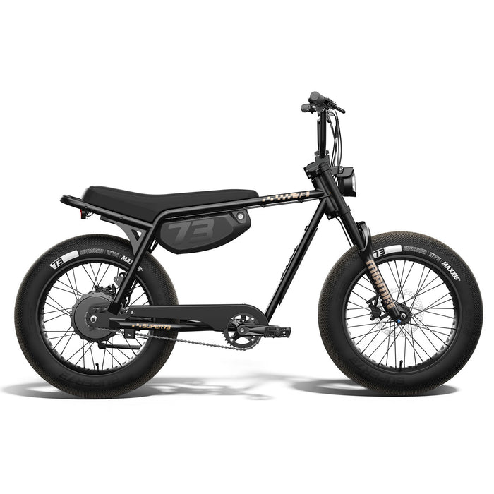 Super73 Z Miami SE eMOTO eBike in store, side view, black frame, thick tires, minimalist design