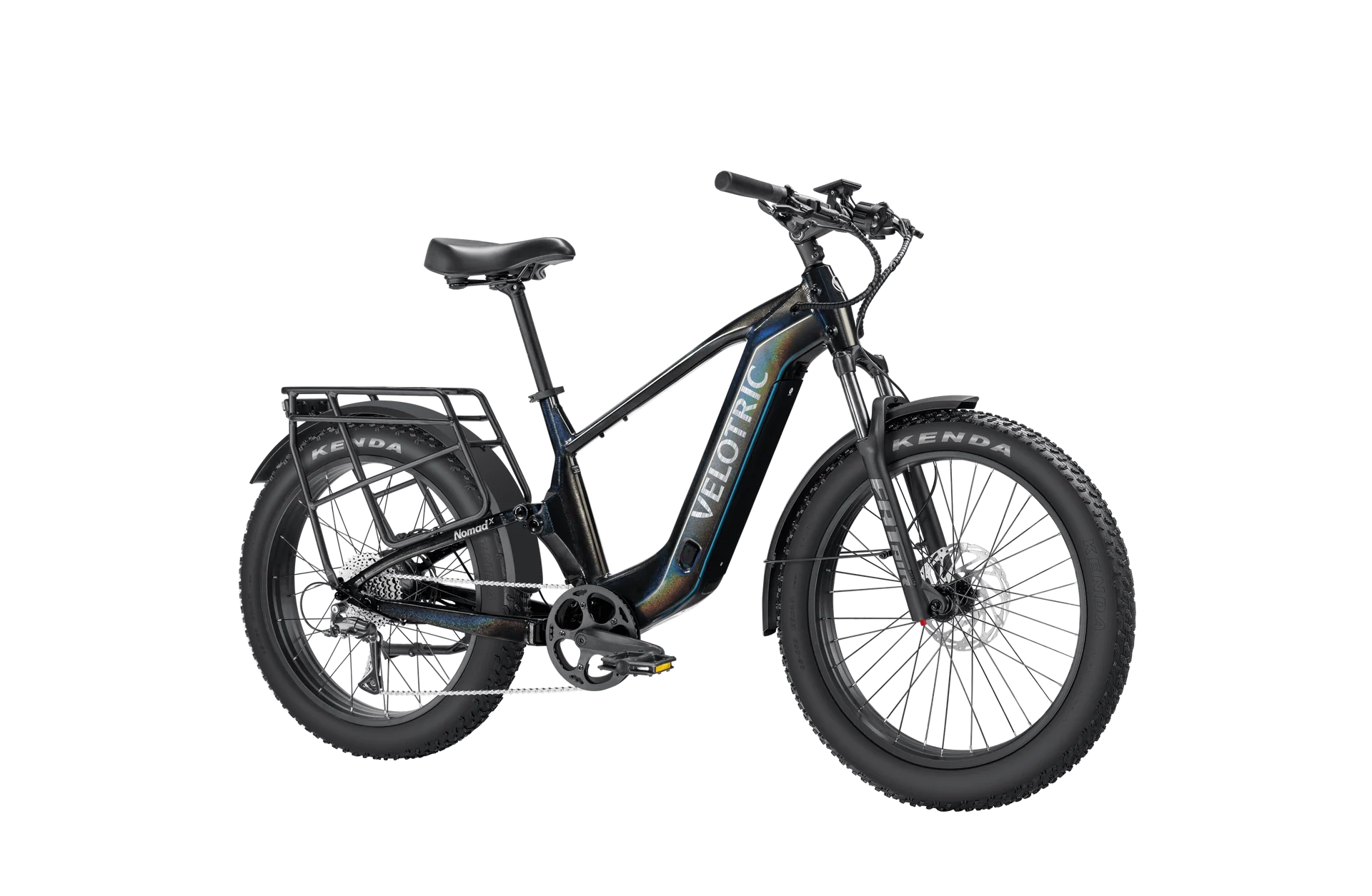 Obsidian black Velotric Nomad 2X High Step eBike, side view, showcasing sturdy frame and large tires