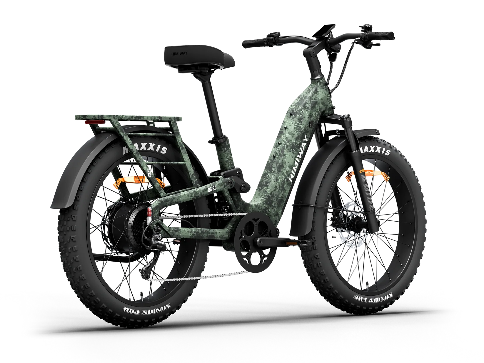 Side view of the Himiway D5 2.0 electric bike in camouflage color, showcasing its fat tires, sturdy frame, and rear cargo rack against a plain background.