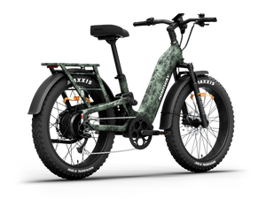 Side view of the Himiway D5 2.0 electric bike in camouflage color, showcasing its fat tires, sturdy frame, and rear cargo rack against a plain background.