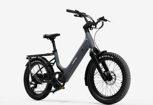 Side view of the Urtopia Carbon Joy Ultra eBike in charcoal gray, showcasing its sleek carbon fiber frame, integrated battery, and modern design against a plain background.