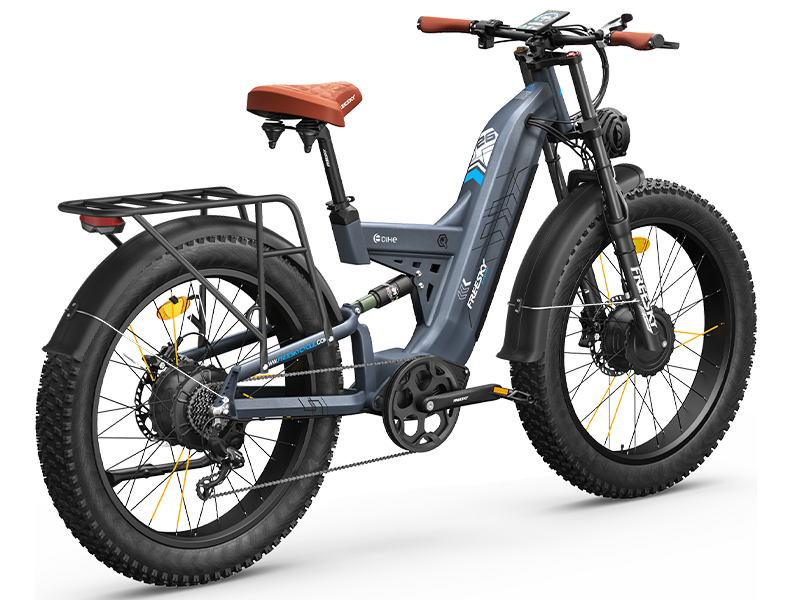 Side view of the Freesky Warrior Pro M-530 electric mountain bike in black and blue, showing its fat tires, front suspension fork, and battery integrated into the frame.