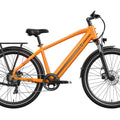 Orange Mokwheel Asphalt eBike side view, showcasing frame design, wheels, and handlebars against a plain background.