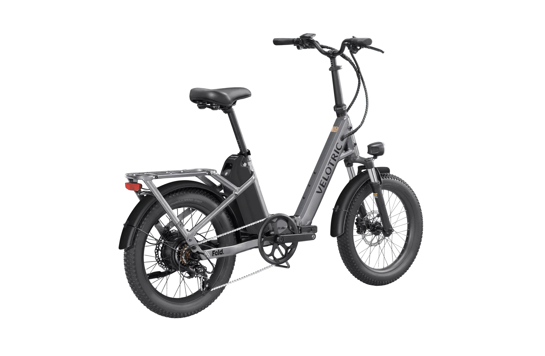A compact, foldable Velotric Fold 1 eBike in matte black, shown fully assembled with its handlebars and frame folded for easy storage.