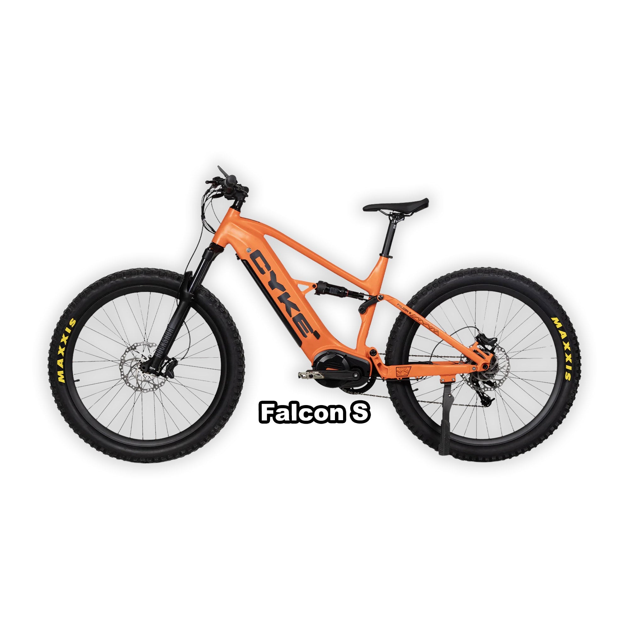 eBike Cyke Falcon S in orange color, shown inside its box with packaging, product image labeled "In Box Orange 1"